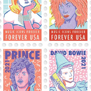 Diana Lares, Music Icons Forever Stamps, digital, 4.5 x 7.5 in each, 2020 - Third Graphic Design.